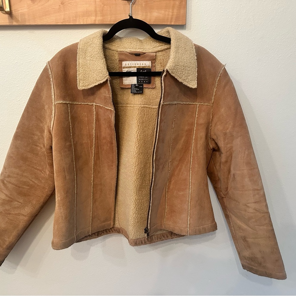 True Vintage Wrangler Tan Genuine Leather Suede Teddy Jacket with Sherpa Collar